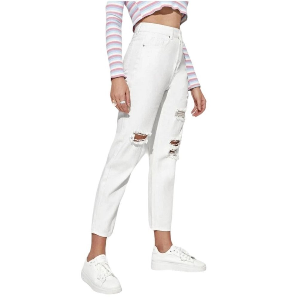 NWT SHEIN High Waist Destroyed Mom Jeans SIZE XXS Color‎ White